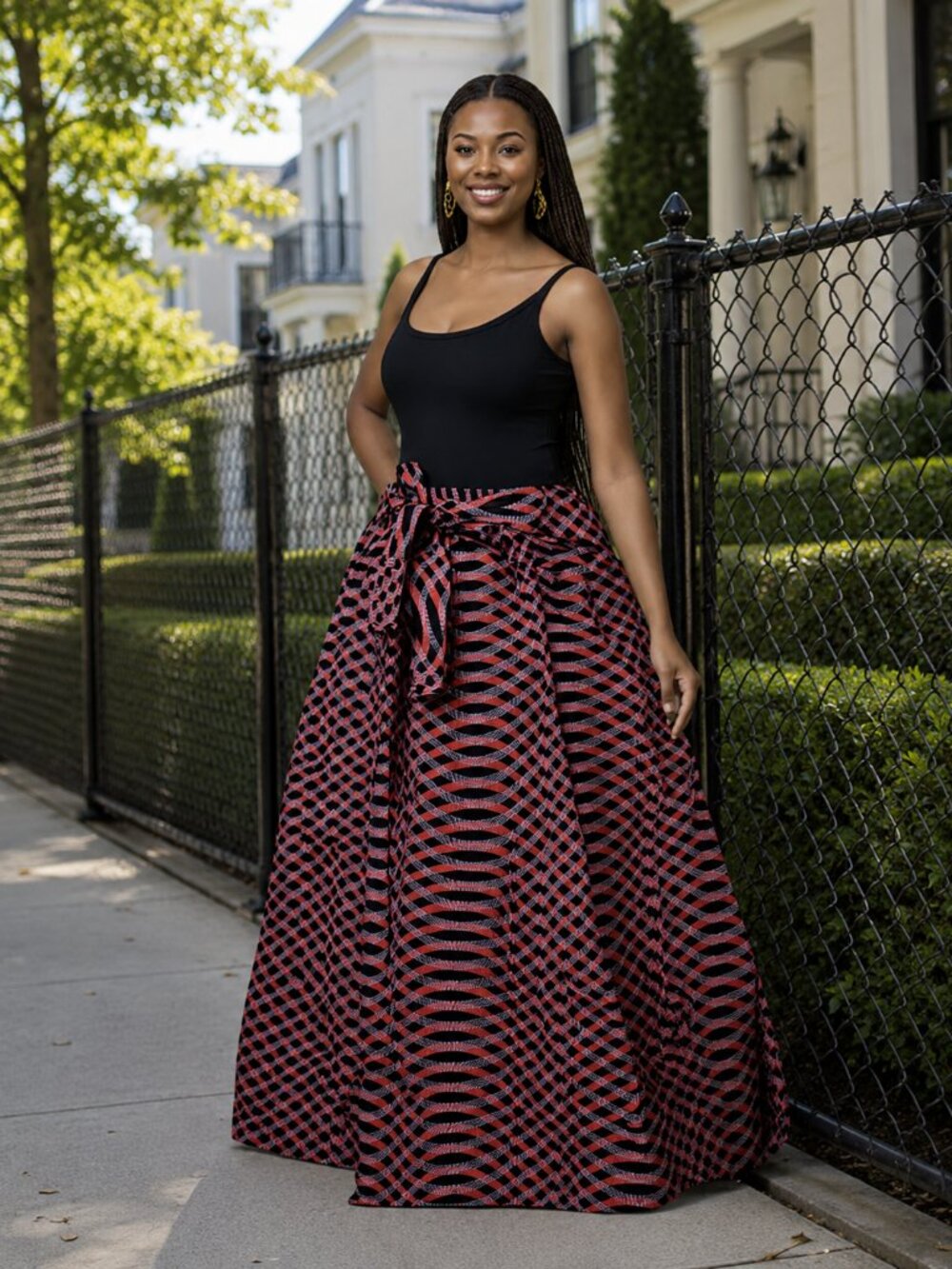 Bold Print High-Waist Maxi Skirt with Pockets | Tie-Waist Statement Skirt